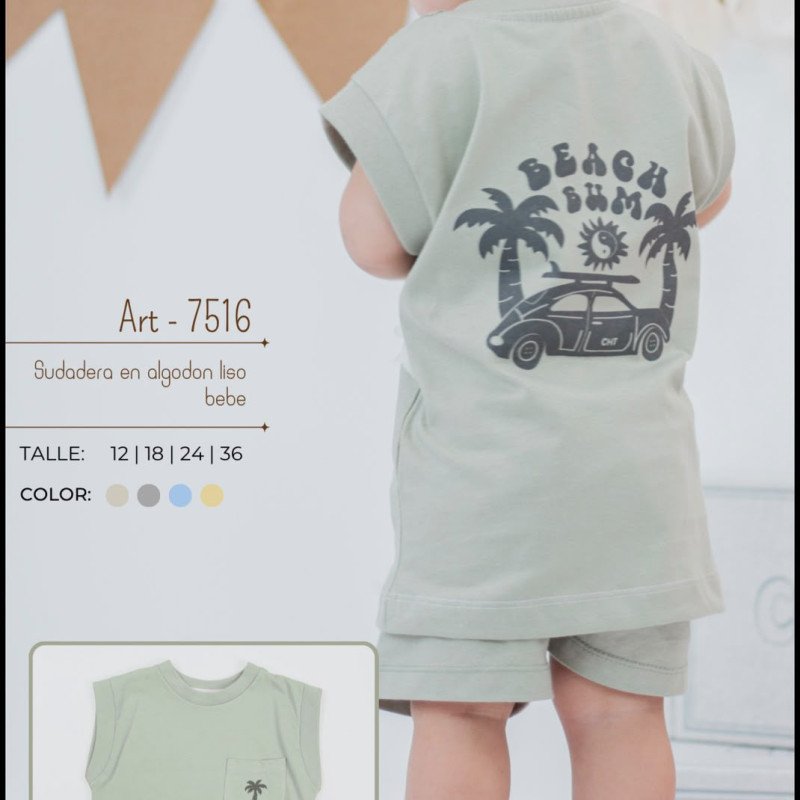 REMERA ALGODON LISA C/BOLSILLO ADELANTE Y ESTAMPA T.12/18/24/36