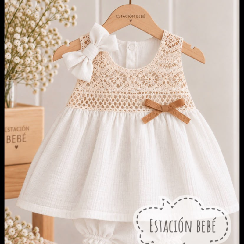 VESTIDO BEBA TUSOR, PECHO BRODERI + VINCHA YMOñO  T.1 AL 4