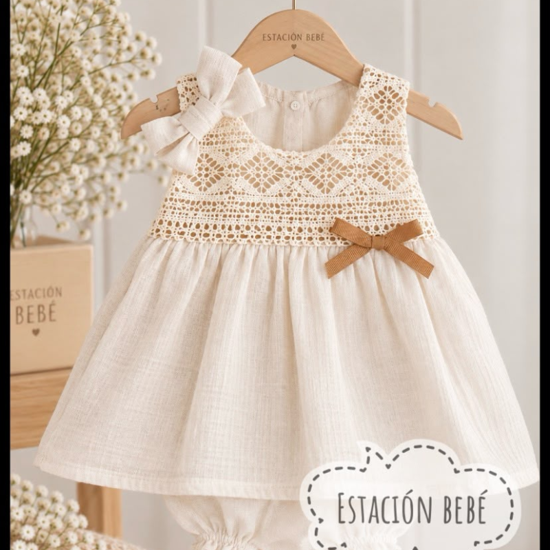 VESTIDO BEBA TUSOR, PECHO BRODERI + VINCHA YMOñO  T.1 AL 4