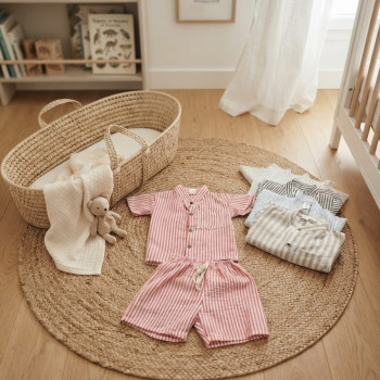CONJUNTO LINO RAYAS /LISO CAMISA+ SHORT BEBE T.2 AL 6