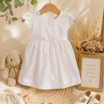 VESTIDO BEBA BATISTA BLANCO C/ BORDADOS VUELOS Y LAZO T.1 AL 5